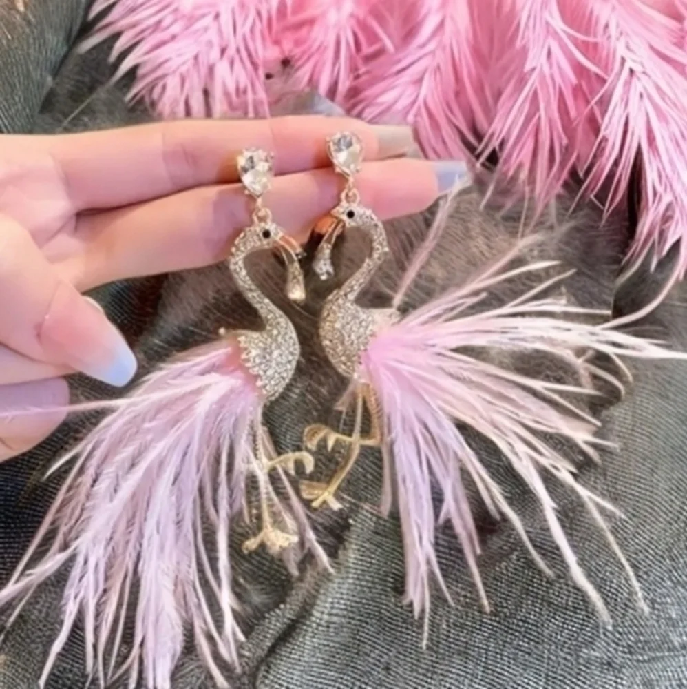 Betsey Johnson Gold Flamingo Feather Drop Earrings with Pink Feathers